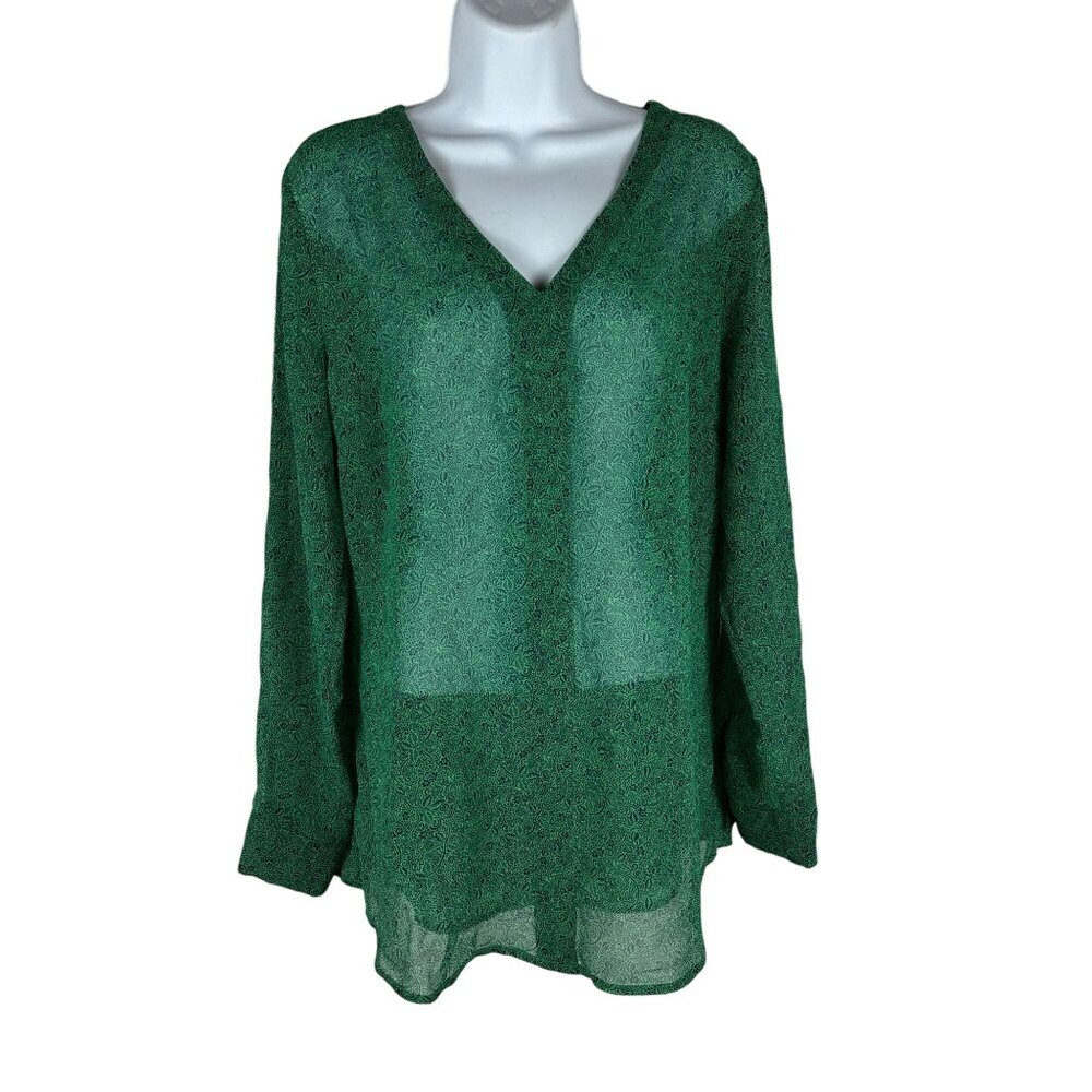 Cabi Womens Green Paisley Sheer V-Neck Blouse Size M